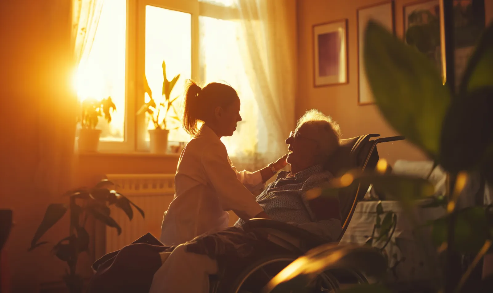 Younger person with loved one, warm sunset lighting